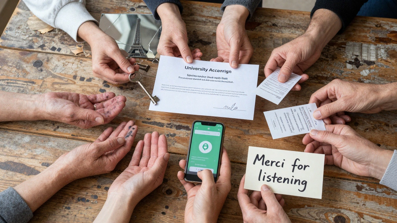 A collection of personal items—key, letter, receipt, note—on a wooden table, reflecting the quiet dignity of independent women in Paris.