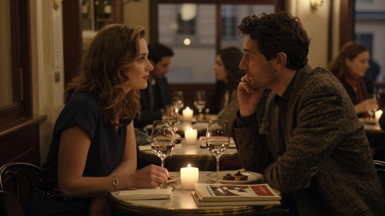 A man and woman sharing a quiet dinner at a Paris bistro, engaged in thoughtful conversation with books on the table.
