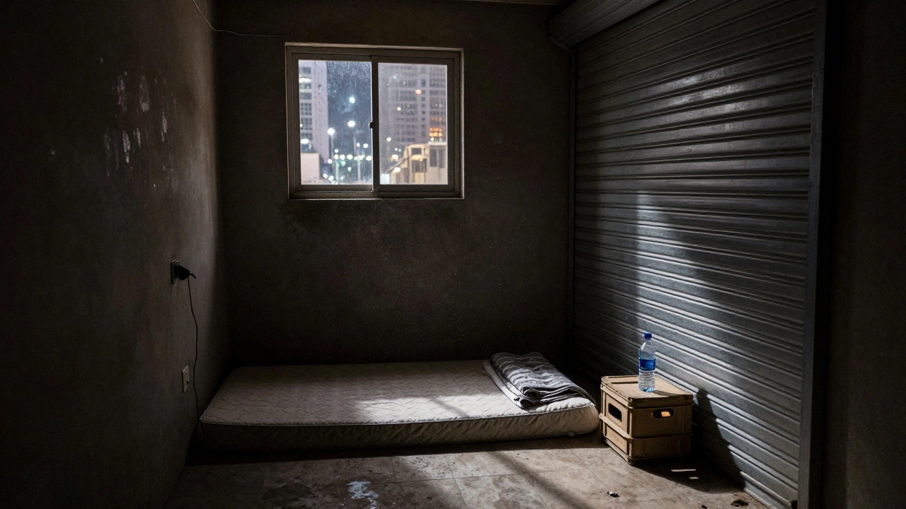 A storage unit in Dubai used as a home, with only a mattress, blanket, and water bottle inside.